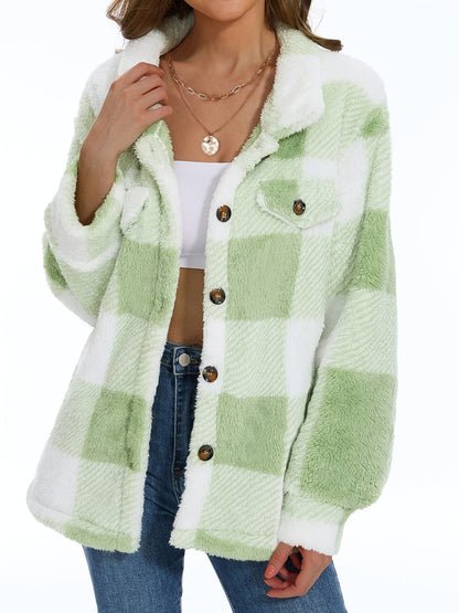 Plaid Pattern Button Front Teddy Coat