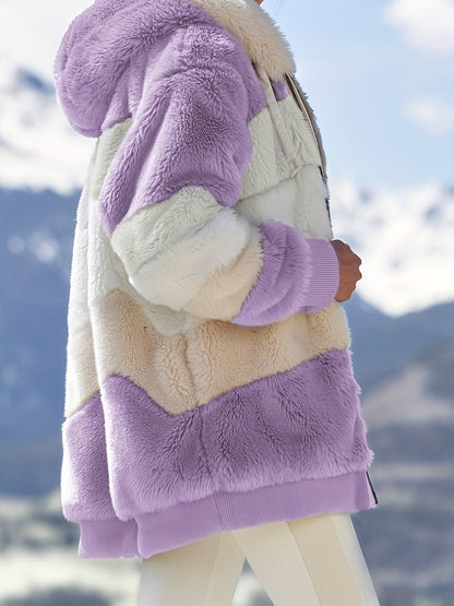 Color Block Fuzzy Hooded Coat