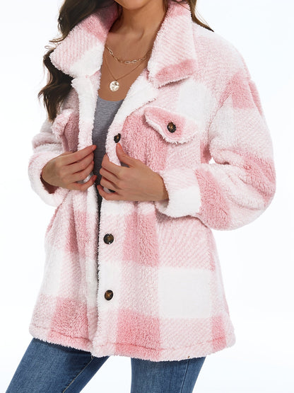 Plaid Pattern Button Front Teddy Coat