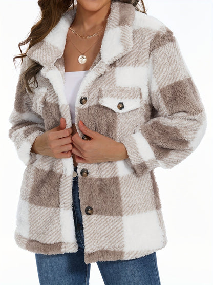 Plaid Pattern Button Front Teddy Coat