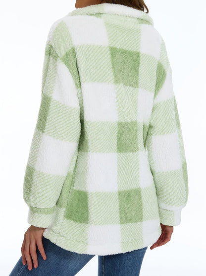 Plaid Pattern Button Front Teddy Coat