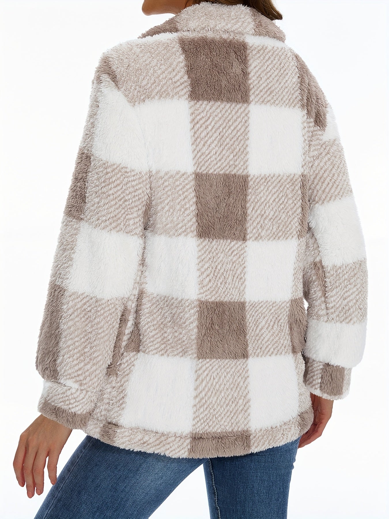 Plaid Pattern Button Front Teddy Coat