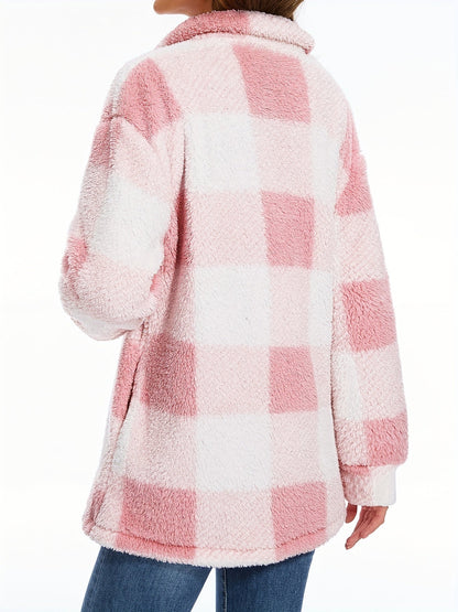 Plaid Pattern Button Front Teddy Coat