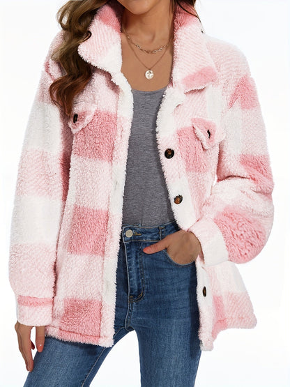 Plaid Pattern Button Front Teddy Coat