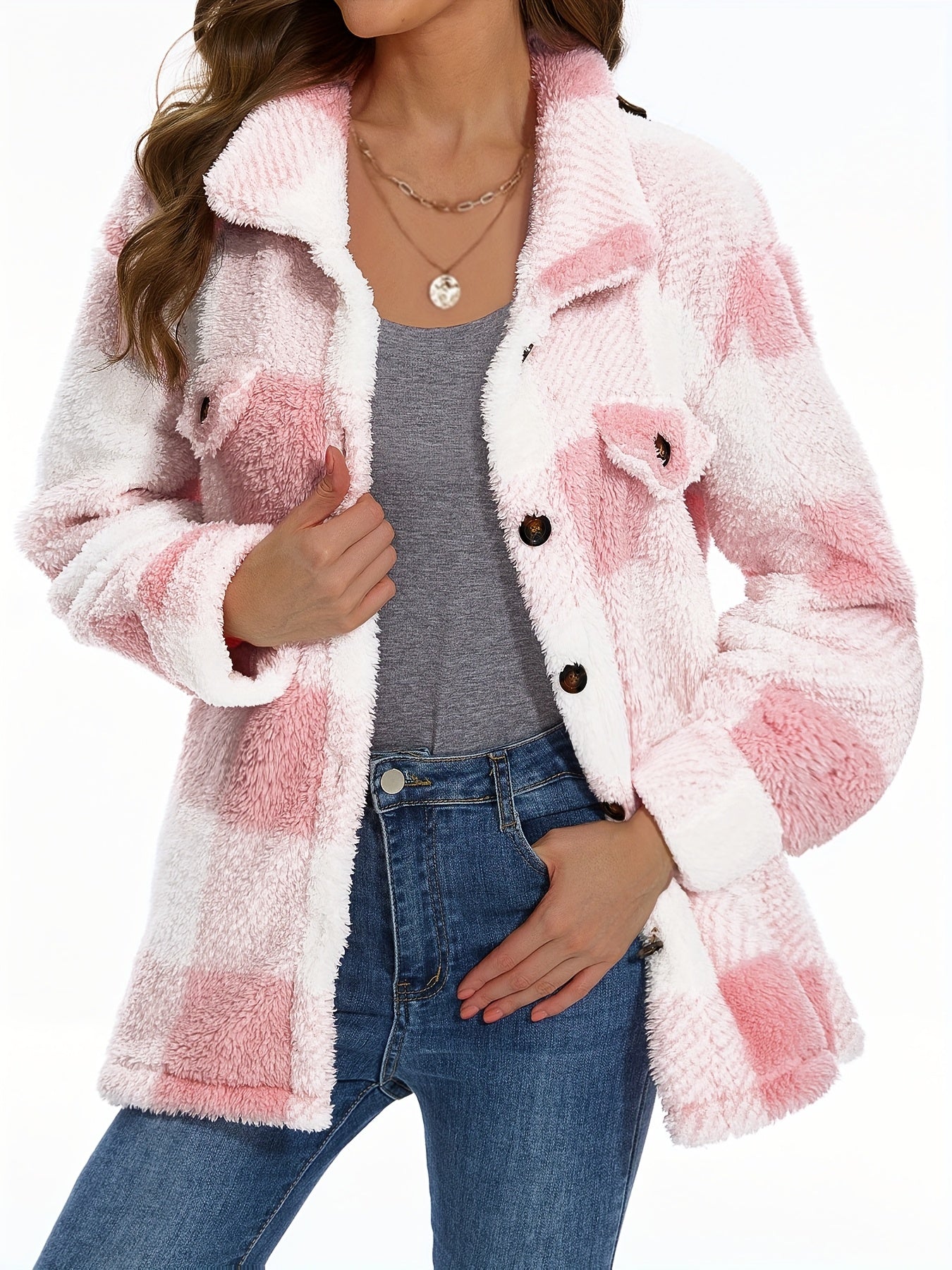 Plaid Pattern Button Front Teddy Coat