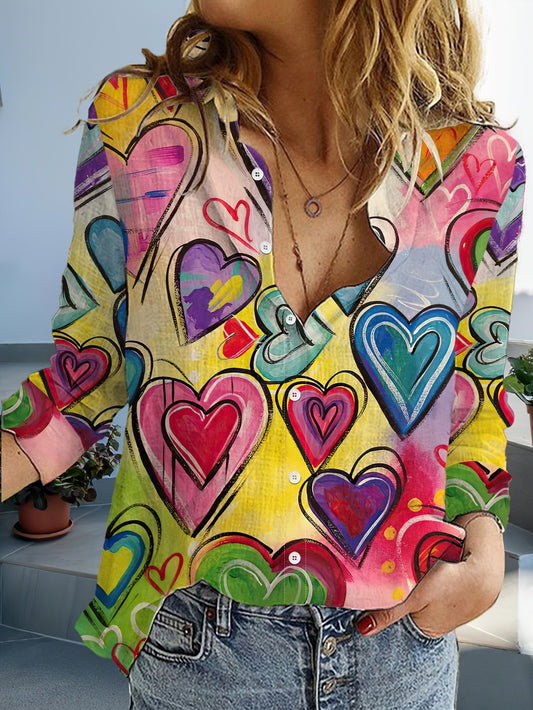 Women's Casual Button-Down Lapel Shirt with 3D Heart Print