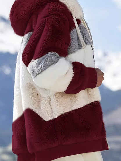 Color Block Fuzzy Hooded Coat