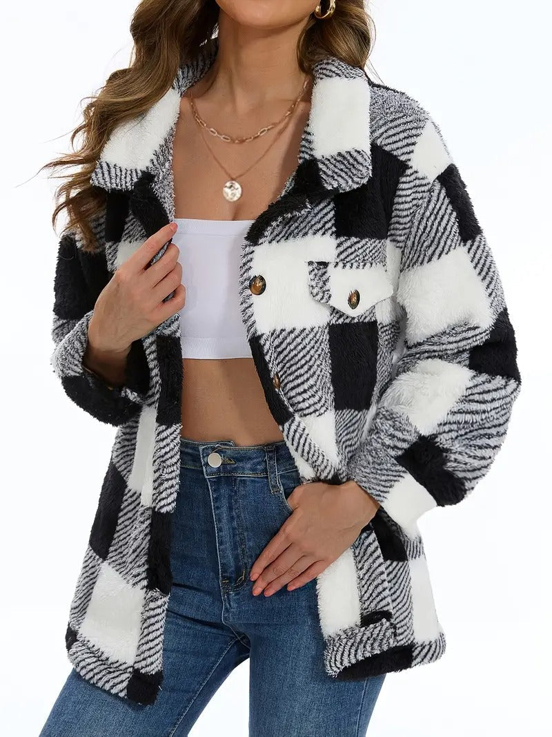 Plaid Pattern Button Front Teddy Coat